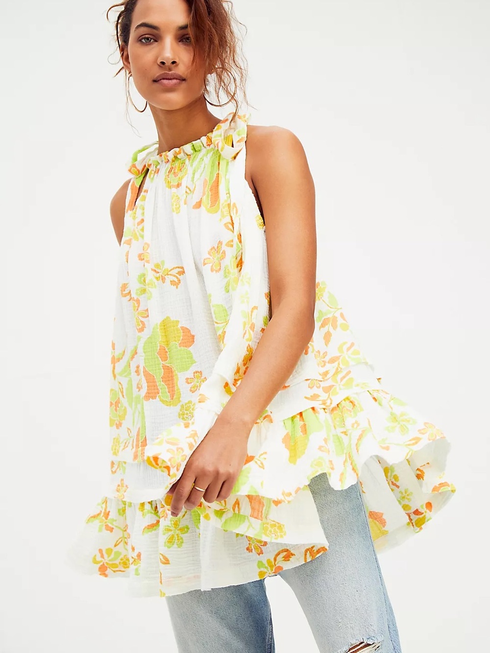 Free People Fleur Printed Tunic Swing Top - White with Lime & Coral